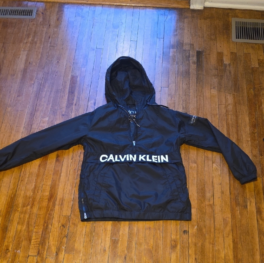 Calvin Klein Black Hooded Pullover Windbreaker with White Logo